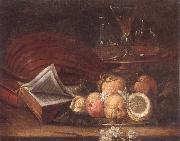 unknow artist Still life of a lute,books,apples and lemons,together with a gilt tazza with a wine glass and decanters,all upon a stone ledge oil painting reproduction